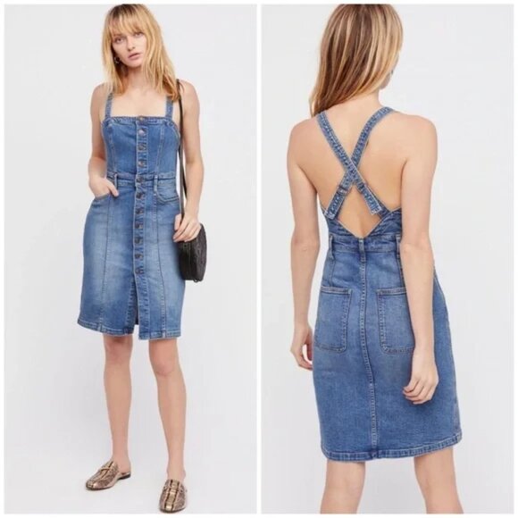 Free People Denim Button Front Gracie Pinafore Dress Size 8 - Picture 2 of 8